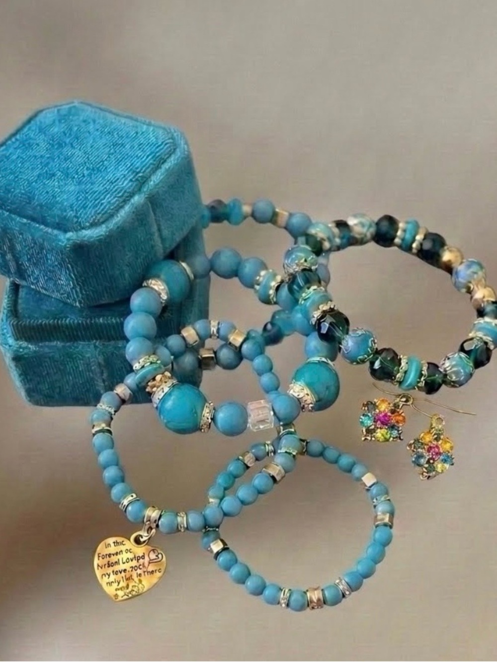 Turquoise Beaded Stretch Bracelet Set with Coordinating Earrings